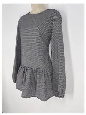 Episode Black & White Gingham Peplum Long-Sleeve Dress